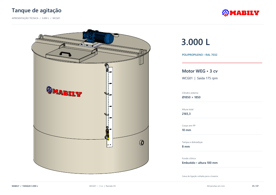 Tanque de agitação 3.000 L com motoredutor WCG01