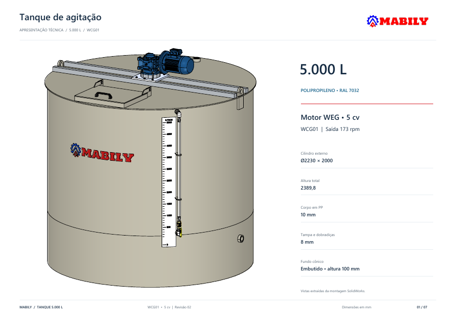 Tanque de agitação 5.000 L com motoredutor WCG01