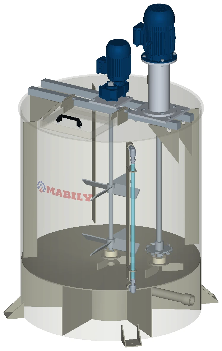 Desenho transparente do tanque de dupla agitação mostrando os dois eixos independentes