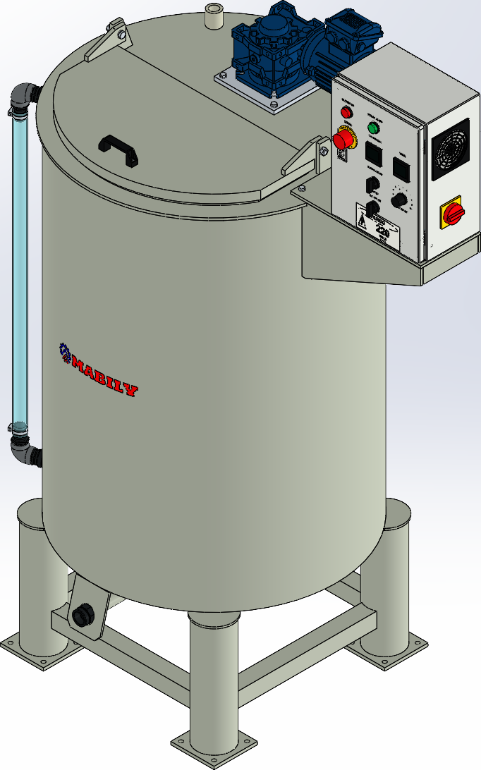 Desenho do tanque misturador Mabily com pés tubulares, motorredutor e painel