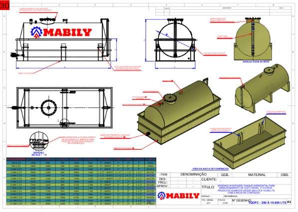 Desenho técnico tanque horizontal com bacia de contenção